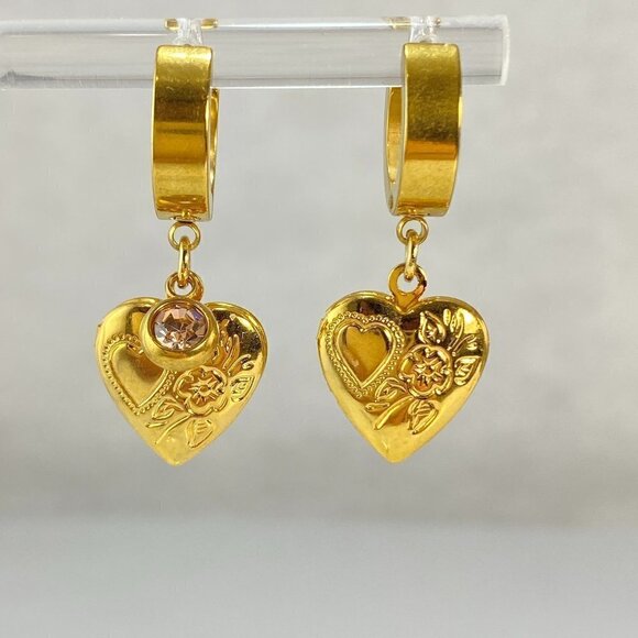 Openable Heart Locket & Birthstone Huggie Hoop Earrings - Picture 1 of 10